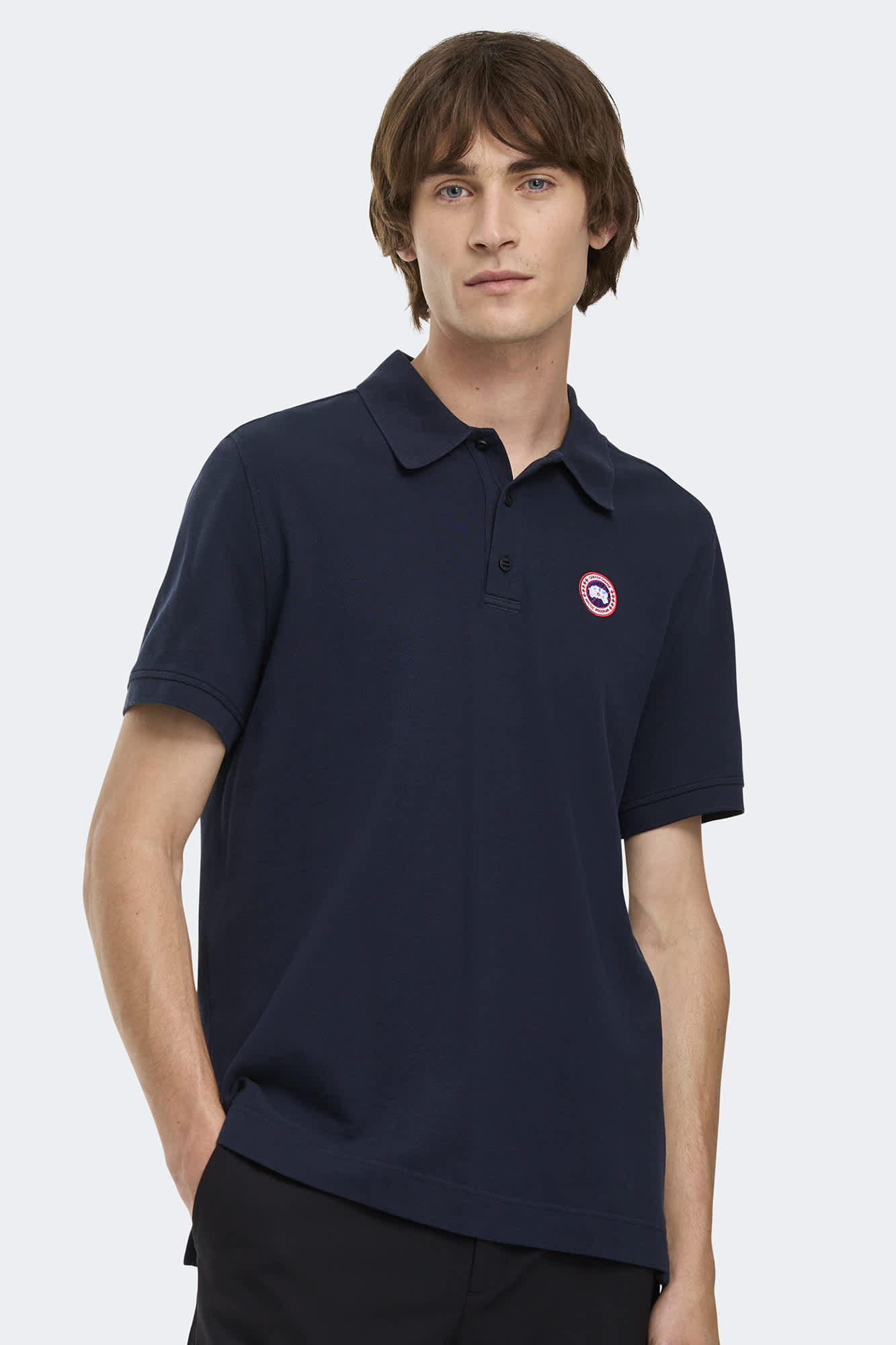 supreme ポケットポロシャツ　ネイビー　made in Canada スナップ釦 レイヤード長袖ポロ （SAFETYシリーズ